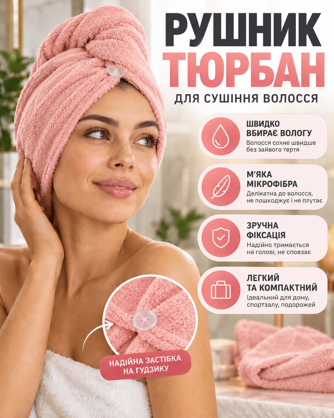 Рушник-тюрбан для сушіння волосся