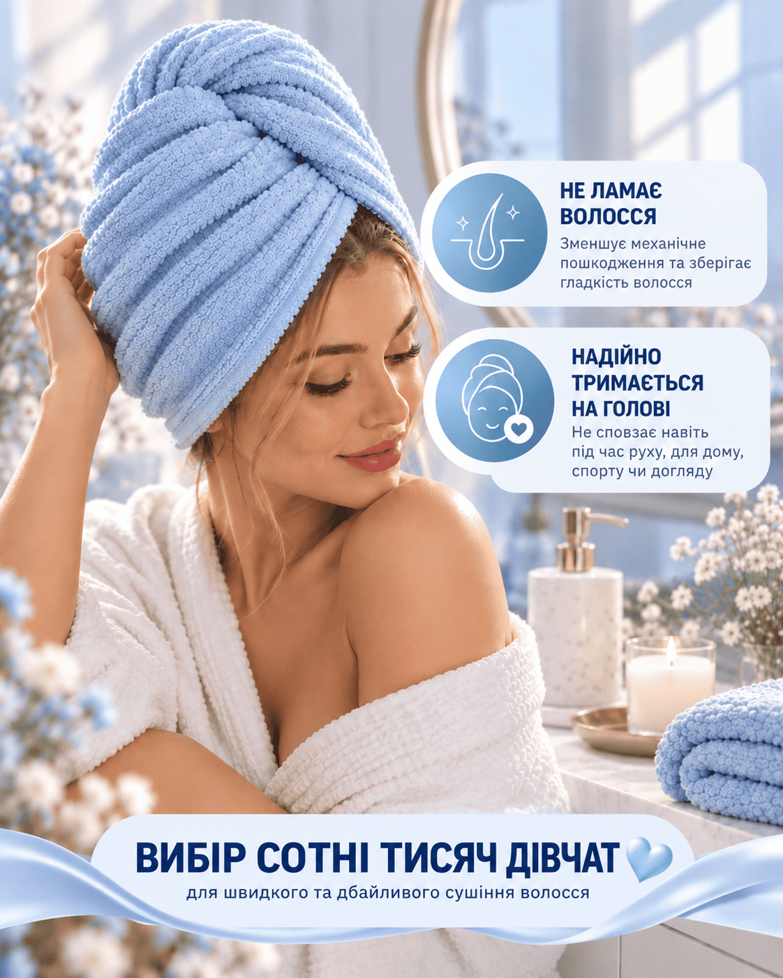 Рушник-тюрбан для сушіння волосся